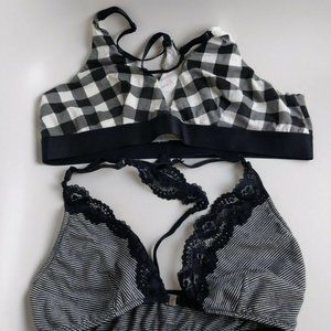 2 black and white wireless unlined bras L and XL t back deep v front close